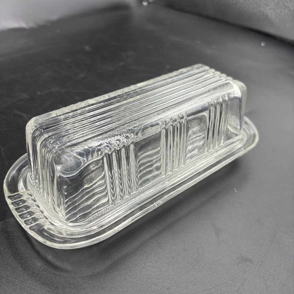 Vintage Federal Glass Ribbed Criss Cross Pattern Covered Clear Glass Butter Dish